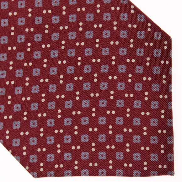 Drake's NWT Neck Tie in Red w/ Light Blue & White Geometric Pattern 100% Silk